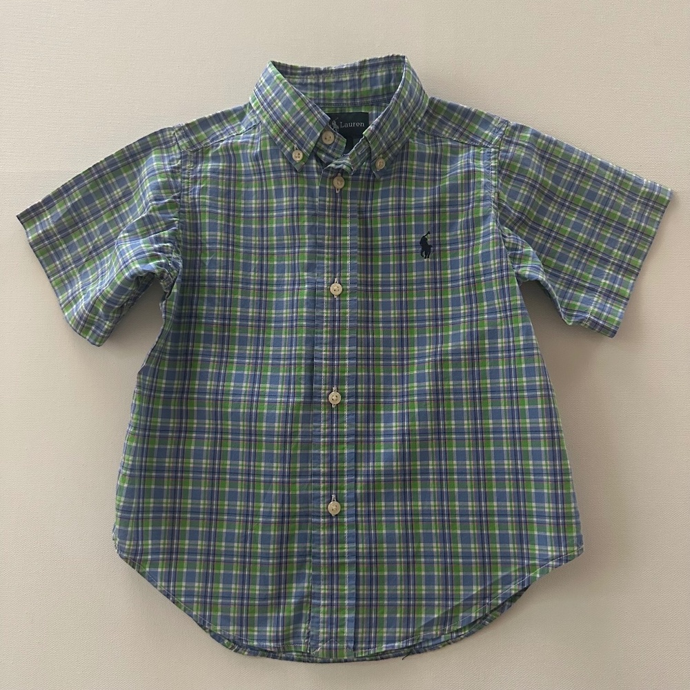 Ralph Lauren 2T Toddler Boy Blue Green Short Sleeve Shirt Spring Summer